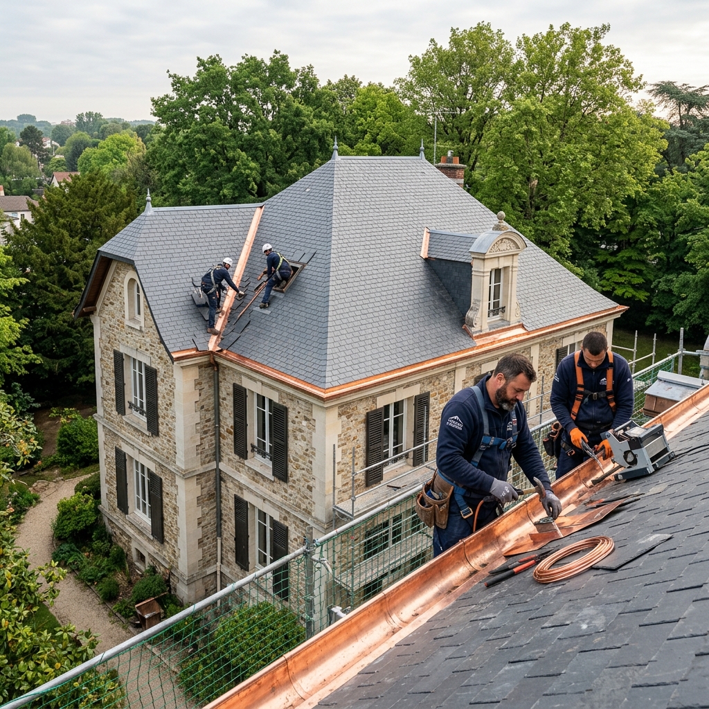 Artisan couvreur en plein travail de couverture